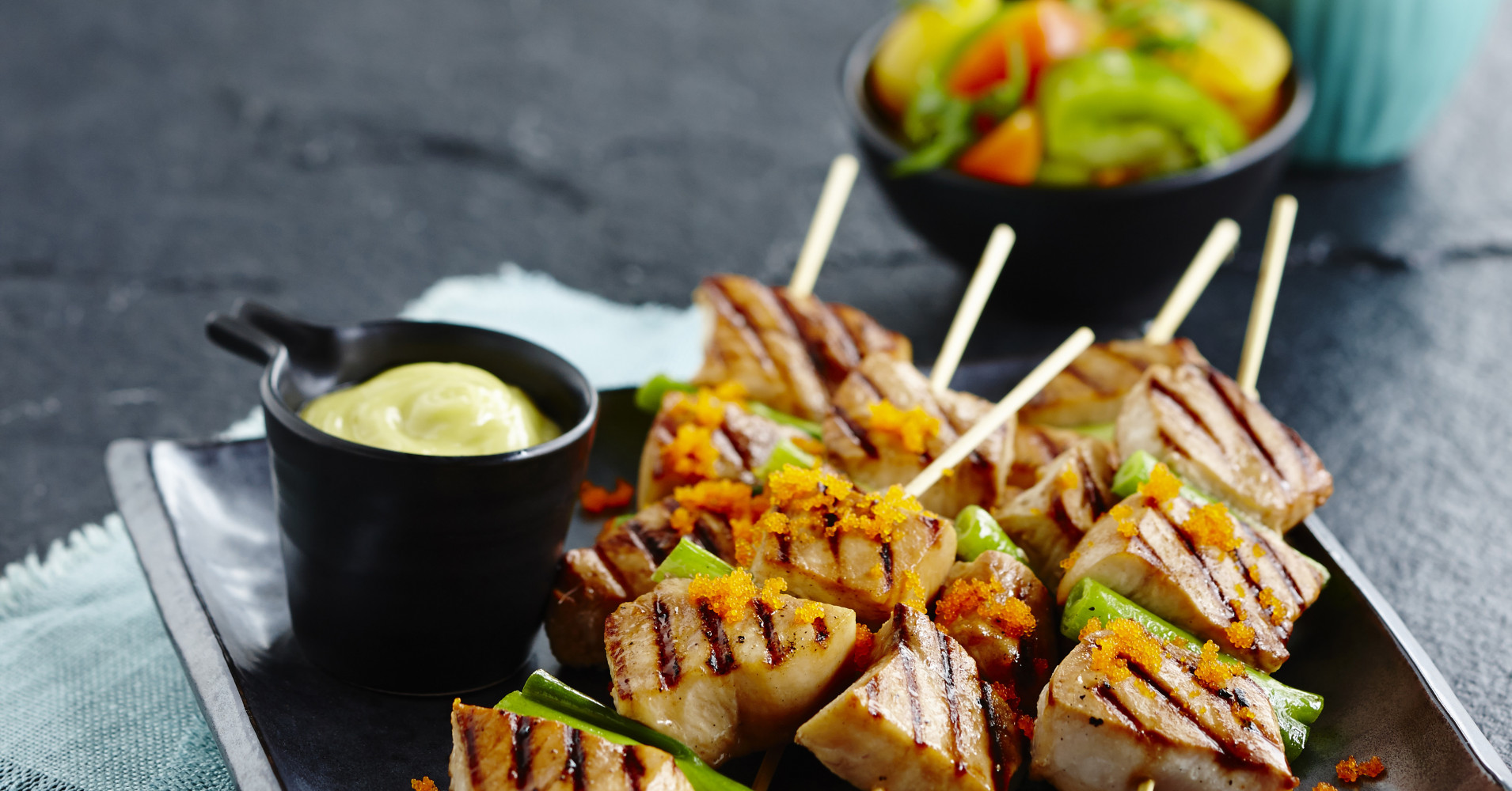 Teriyaki Swordfish Skewers with Heritage Tomato Salad Recipe | myfoodbook | Seafood recipes with Kik